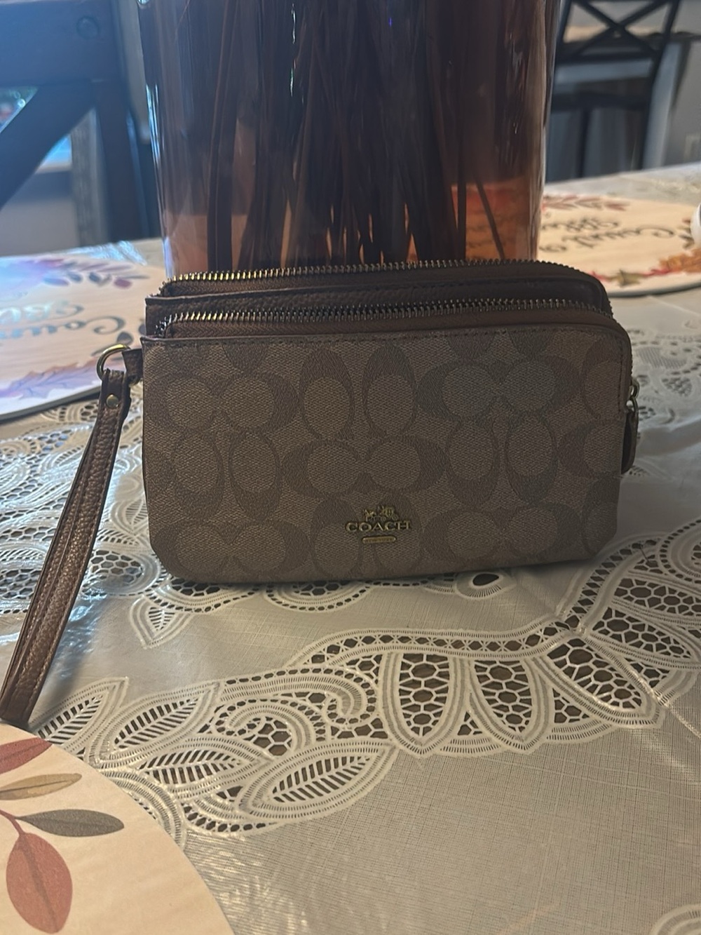 Monogram Double Zip Wristlet in Khaki/Tan